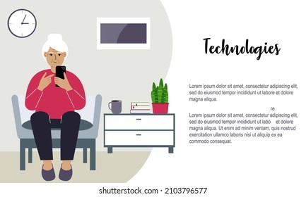 Happy grandmother is busy with a mobile phone sitting in a chair in the living room. Relax and work at home. Vector flat illustration