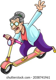 Happy Grandmother Cartoon Character Driving Scooter And Waving. Vector Hand Drawn Illustration Isolated On Transparent Background