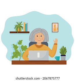 Happy grandmother character with laptop sitting by the the table isolated on white. Old retired woman using computer for communication, education, shopping online. Flat vector illustration