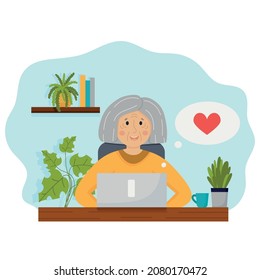 Happy grandmother character with laptop sitting by the the table isolated on white. Old retired woman using computer for communication. Flat vector illustration