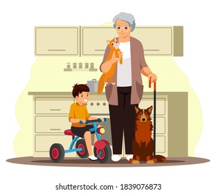 Happy Grandmother With Child And Pets At Home. Woman Holding Cat In Arms, Dog Nearby, Boy Sitting On Bycicle. Family Vector Illustration. People Indoor Together.