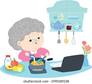 Happy grandmother is cooking food in her kitchen 
by using recipe from the internet vector illustration.
Learning cooking online from home. 
