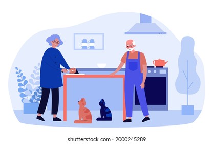 Happy grandmother cutting fish for cats in kitchen. Elderly couple with domestic animals, kitchen interior flat vector illustration. Pets, age concept for banner, website design or landing web page