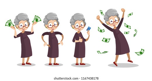 Happy grandmother with dollar banknotes set. Funny old woman celebrating financial success or jackpot. Successful rich pensioner holding credit card cartoon personage. Cash falling vector illustration