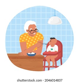 Happy Grandmother Feeding Grandson Sitting In Baby Chair For Eating, Flat Vector Illustration. Grandma And Grandkid Spending Time Together. Grandparent And Grandchild Relationships.