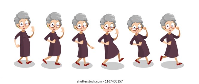 Happy grandmother in glasses and brown dress walking. Grey haired funny old woman character in action. Cute smiling elderly woman with hello gesture. Active lifestyle at retirement vector illustration