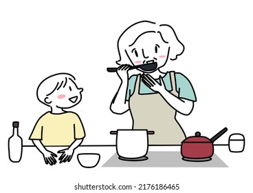 Happy Grandmother And Grandchild Cooking Food. Cute Grandma Cooking Food Together With Grandson. Cheerful Boy Waiting For Homemade Food Cooked By Grandma. Senior Woman Cooking Food With Kid.