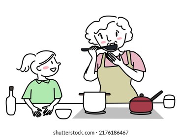 Happy Grandmother And Grandchild Cooking Food. Cute Grandma Cooking Food Together With Granddaughter. Cheerful Girl Waiting For Homemade Food Cooked By Grandma. Senior Woman Cooking Food With Kid.