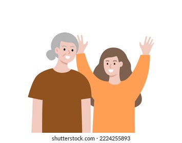 Happy Grandmother and Grandchild standing together portrait. Family love, communication, positive relationship concept. Flat cartoon people vector design illustration.