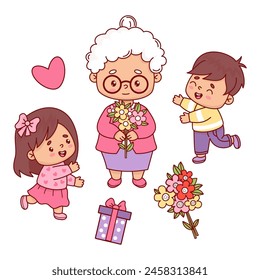 Happy grandmother with grandchildren and bouquet flowers and gift. Isolated vector illustration in cartoon flat style. Cute character for holiday design birthday, Women's, Mother's and grandma's day