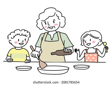 Happy grandmother and grandchildren cooking food. Cute grandma cooking food together with kids. Cheerful boy and girl waiting for homemade food cooked by grandma. Senior woman cooking food with kids.