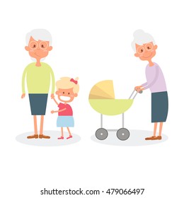 Happy grandmother with grandchildren. Cute Senior woman with granddaughter. Vector Illustration of happy retirement grandparents