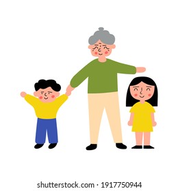 Happy grandmother and grandchildren. Vector illustration on white background.