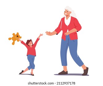 Happy Grandmother and Granddaughter Characters Meeting. Kid Visit Granny Concept, Girl Coming to Grandmom Home on Vacation or Holidays Isolated on White Background. Cartoon People Vector Illustration