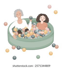 Happy grandmother and granddaughter playing in dry ball pool. Vector isolated illustration.