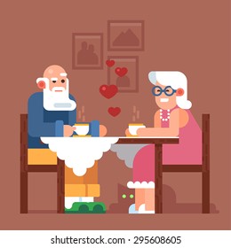 Happy grandmother and grandfather drink tea. Grandparents in love. Vector flat illustration.
