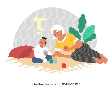 Happy Grandmother And Grandson Playing With Blocks Together Sitting On Carpet, Flat Vector Illustration. Grandma And Grandkid Spending Time Together. Grandparent And Grandchild Relationships.