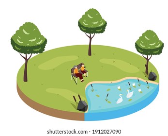 Happy grandmother and her granddaughter sitting on the bench at the park while looking at the swan on the pond. Isometric vector concept