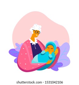 Happy grandmother holding her newborn baby caring and nursing him in hands. Motherhood concept. Adopted child by an oild woman week banner, happy mother day clip art. Rehabilitation and support