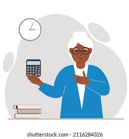 Happy grandmother holds a digital calculator in his hand and gestures, pointing with the finger of his other hand to the calculator. Vector flat illustration