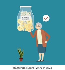 La abuela feliz sostiene un frasco de vidrio con ahorros para la jubilación. Fondo de pensiones, depósito bancario. Ingresos pasivos seguros. Mujer mayor con dinero para la vejez decente. Independencia financiera. Ilustración vectorial