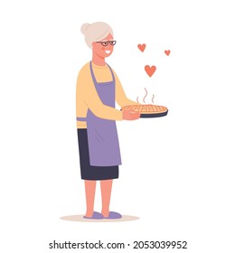 Happy grandmother with hot pie. Grandmother in glasses, apron. Baking, pies. cooking. Isolated, white. vector