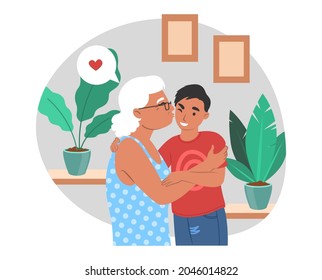 Happy grandmother hugging and kissing grandson, flat vector illustration. Grandma and grandkid spending time together. Grandparent and grandchild relationships.