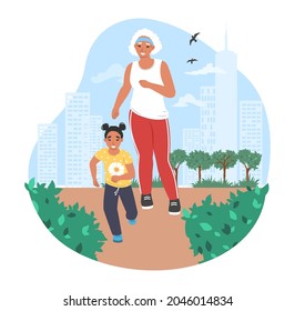 Happy Grandmother Jogging With Granddaughter In The Park, Flat Vector Illustration. Grandma And Grandkid Spending Time Together. Grandparent Grandchild Relationships. Family Outdoor Activity.