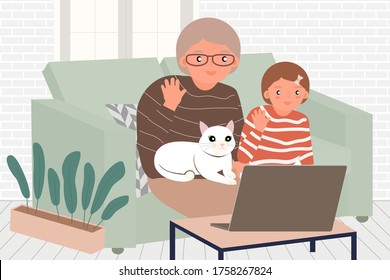 Happy grandmother and kid daughter waving hands looking at web camera using laptop for video call, smiling mom and child girl having fun greeting online by computer webcam making videocall application