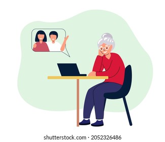 Happy grandmother with laptop calls grandchildren Cute old woman working on computer at home Online education Web courses Modern technologies and old age concept Vector illustration in flat style