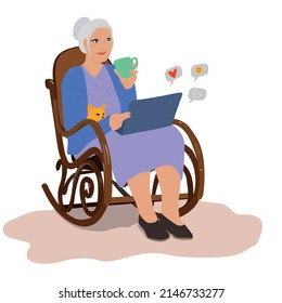 Happy grandmother with the laptop computer. Online education, web courses, modern technologies and old age concept. Vector illustration
