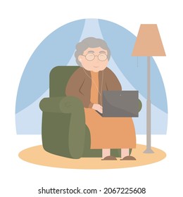 Happy grandmother with laptop and headphones sits in an armchair. Cartoon vector art. Old woman with a computer at home. Cute grandma studies modern technologies. Distant video and call conference.