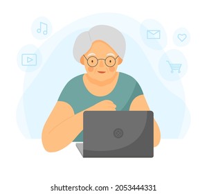 Happy grandmother with laptop. An old woman is working on a laptop. Grandma is sitting at the computer. Vector flat illustration.