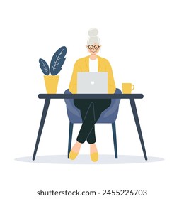 Happy grandmother with laptop. Online education, web courses, modern technology and old age concept. Vector illustration in flat style on a white background.
