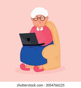 A happy grandmother with a laptop is sitting in an armchair. Parents communicate with their children via video link. Online education, web courses. Cute vector illustration in a flat cartoon style.