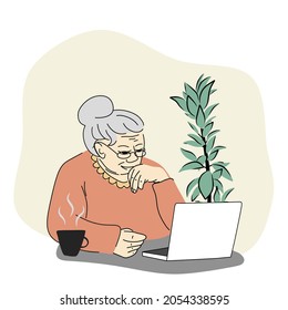 Happy grandmother with a laptop sitting in a room