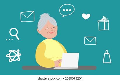 Happy grandmother with a laptop is sitting at the table and laughing. Vector illustration on a blue background with a set of social network icons. The concept of teaching old people to use gadgets.
