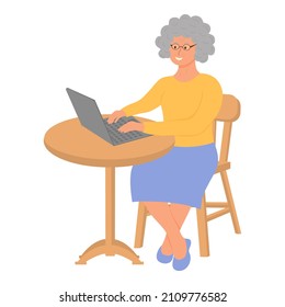 Happy grandmother with a laptop sitting at the table. Elderly people use technology, computers. Vector illustration.