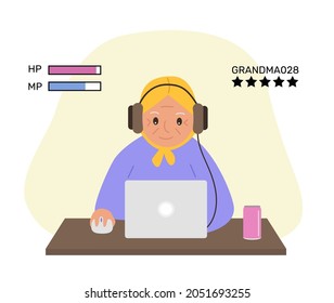 Happy grandmother with laptop. Technology and the elderly. Grandma plays computer games. Vector illustration.