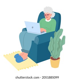 Happy grandmother at laptop.Vector isolated illustration in flat style on a white background.