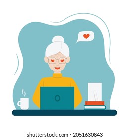 happy grandmother in love with a laptop in flat style