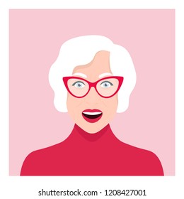 Happy grandmother. Old woman. Portrait of a pensioner. Active old age. Vector flat illustration