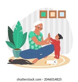 Happy Grandmother Playing With Granddaughter Sitting On Carpet, Flat Vector Illustration. Grandma And Grandkid Spending Time Together. Grandparent And Grandchild Relationships.