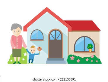 Happy grandmother playing with her grandchildren near house