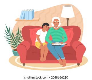 Happy grandmother reading book with grandson sitting on sofa, flat vector illustration. Grandma and grandkid spending time together. Grandparent and grandchild relationships.