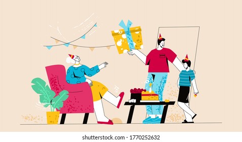 A happy grandmother sits in a chair and receives guests in a decorated room. Native grandchildren and son give gifts and congratulate their grandmother on her birthday. Flat style trendy illustration