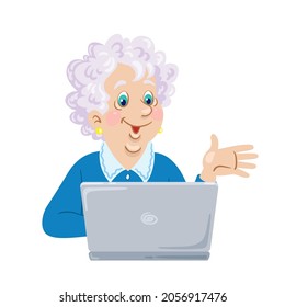 Happy grandmother sitting near the laptop screen. In cartoon style. Isolated on white background. Vector flat illustration.