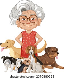 Happy grandmother stands proudly alongside her cherished pet dogs