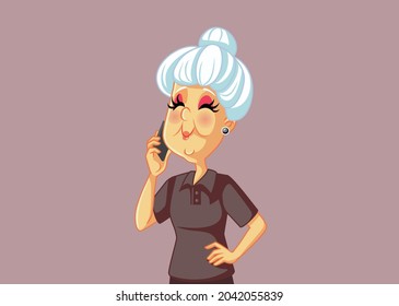 Happy Grandmother Talking on the Phone Vector Cartoon. Smiling grandma using smartphone communicating with her loved ones
