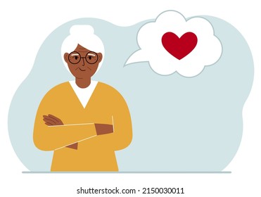 Happy grandmother thinks about love. In the balloon of thought is a red heart. Vector flat illustration